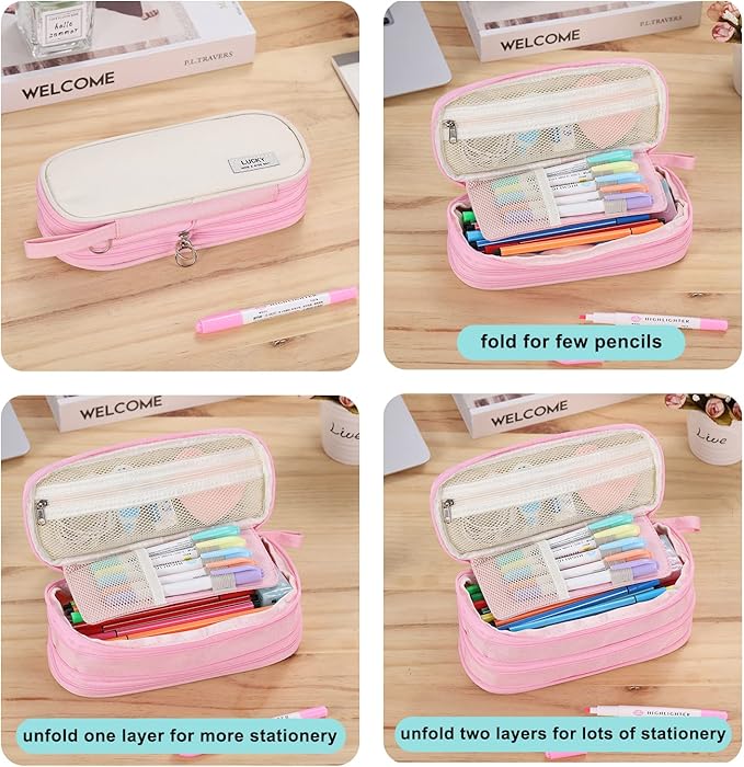 Big Pencil Case Zipper Pencil Pouch Organizer Large Capacity Pen Bag with Handle Portable for Girls Kids Adults Gift Pen Case for School Home Office Light-pink