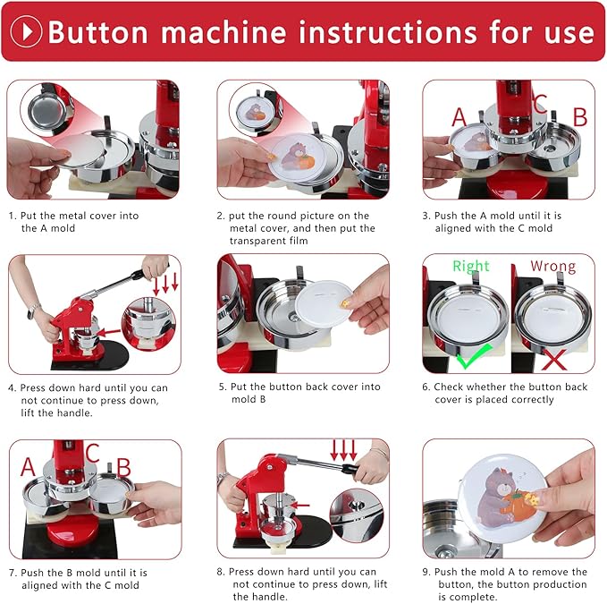 Button Maker Machine Set, Multiple Sizes Button Maker Machine 58+75mm, Push Pull Button Press Machine，Pin Maker Machine with Circle Cutter and Cutting Mat, Come with 200 Button Parts Supplies