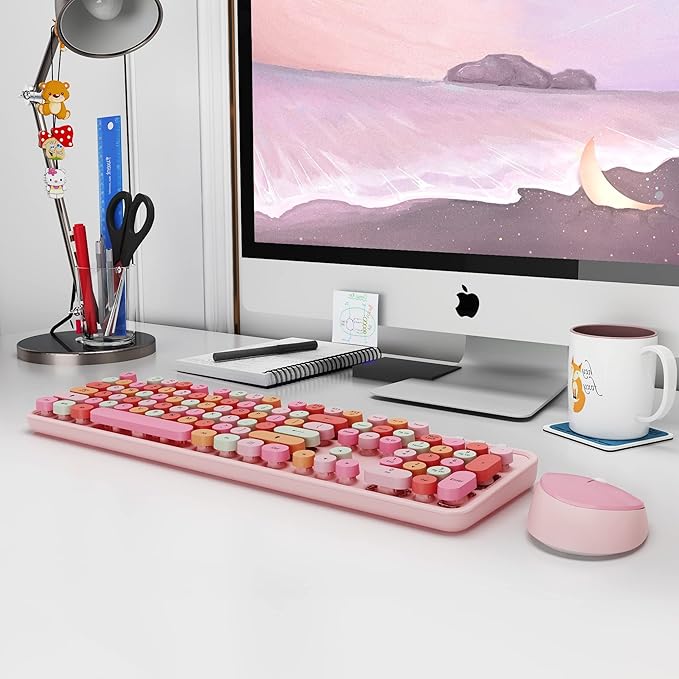 Cute Pink Wireless Keyboard and Mouse, 2.4G Retro Round Keycap for PC, Mac, Laptop, Tablet, Computer Windows