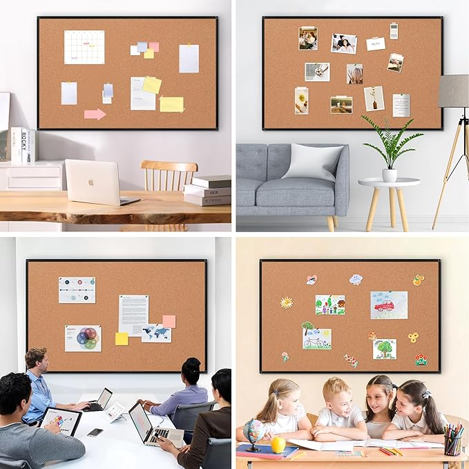Board2by Extra Large Cork Bulletin Board 60" X 36", Black Aluminum Framed 5'x3' Corkboard for Wall, Wall Mounted Notice Pin Board with 18 Push Pins for School, Home & Office