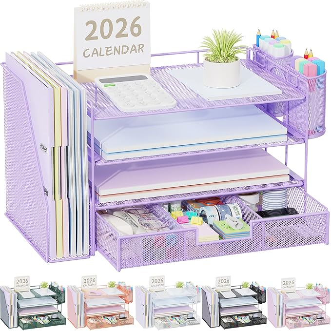 gianotter Desk Organizers and Accessories with File Holder, 4-Tier Desk Accessories & Workspace Organizers with Drawer and 2 Pen Holder, Paper Organizer for Office Supplies (Purple)