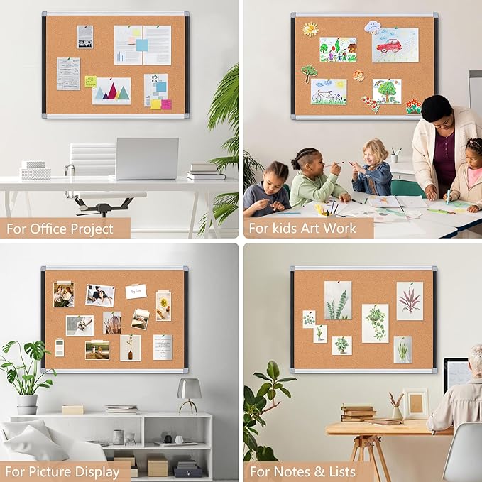 Board2by 2 Pack Cork Bulletin Board 36" x 48", Black/Sliver Aluminium Framed Corkboard, Office Board for Wall Decor, Large Wall Mounted Notice Pin Board with 36 Push Pins for School, Home & Office