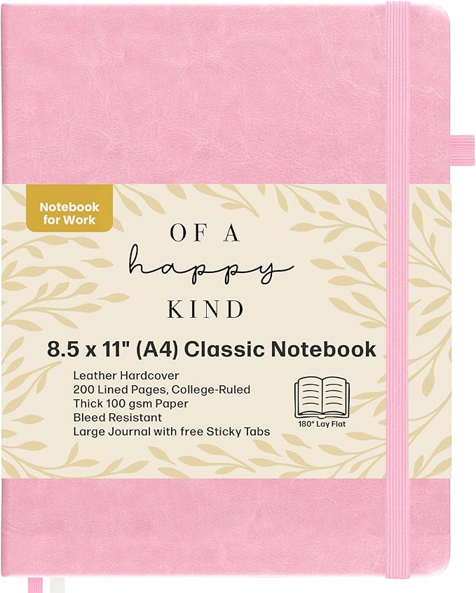 Classic Lined Journal Notebook 8.5x11" A4 Hardcover Leather - Pink - 200 Pages College Ruled Large with Sticky Tabs, Pockets, and Pen Loop for Writing and Journaling - Big Hardback Men and Women