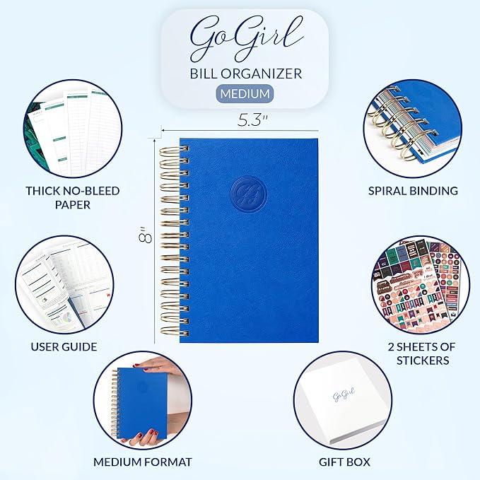 GoGirl Budget Planner & Monthly Bill Organizer – Monthly Financial Book with Pockets. Expense Tracker Notebook Journal, Compact (Blue)