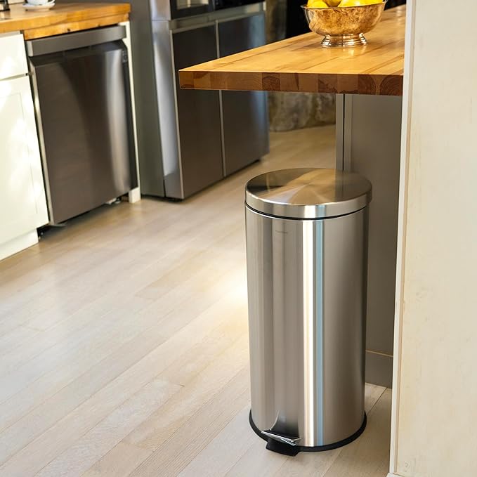 happimess HPM1000A Oscar 8-Gallon Step-Open Trash Can with Free Mini Trash Can, Modern, Fingerprint Proof for Home, Kitchen, Office, Large:7.9 Gallon Small:1.3 Gallon, Stainless Steel