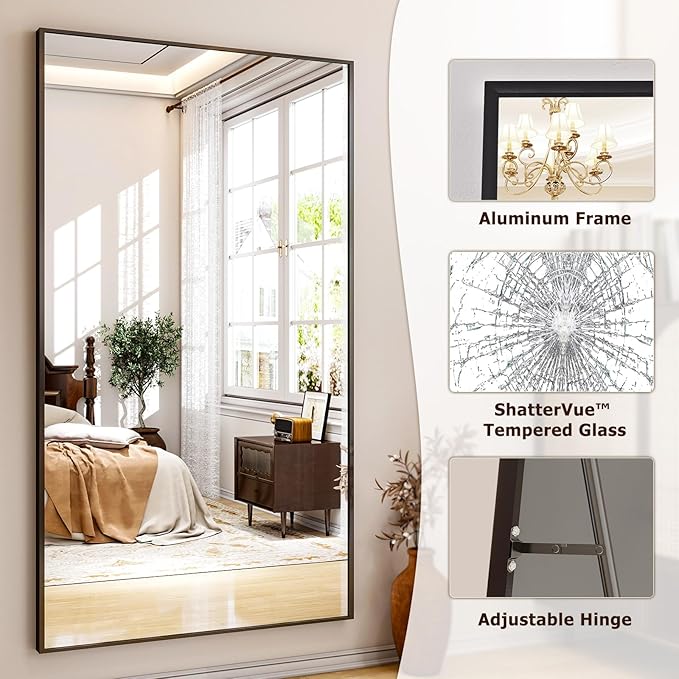 Full Length Mirror with Stand - 38"x77" Full Body Mirror for Floor, Wall Hanging or Leaning - Aluminum Alloy Frame for Living Room, Bedroom, Cloakroom - Black