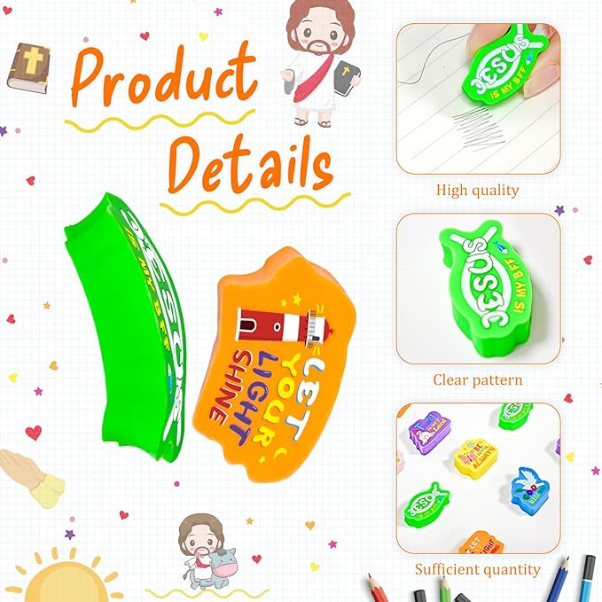 Cinrobiye 60 PCS Bible Verses Pencil Erasers Bulk Inspirational Scripture Eraser Christian Religious Favor Goody Bag Filler Gifts for Students Classroom Office Teacher Prizes Reward School Supplies