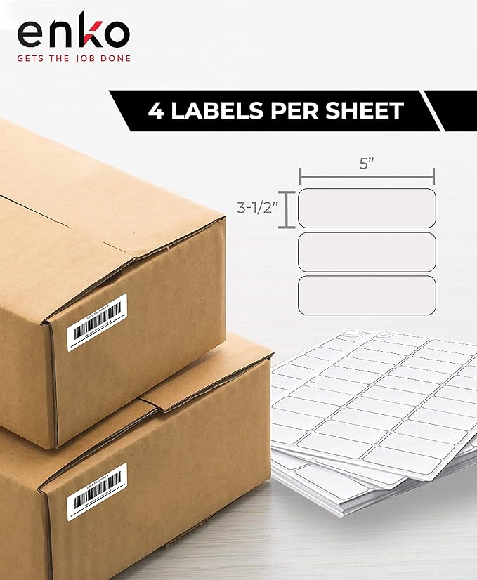 enKo 3-1/2 x 5 inches Label - White Blank - 4 Up Per Sheet Shipping Address Mailing Labels for Laser Inkjet Printer (300 Sheets, 1200 Labels)