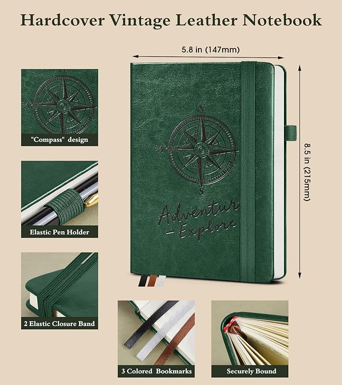 Dotted Journal Notebook for Women Men, 160 Pages Dot Grid Paper,Inner Pocket, A5 Hardcover Vintage Leather Notebooks for School, Work, Travel, Note Taking，Bullet Journaling 5.8"x8.5" (Green)