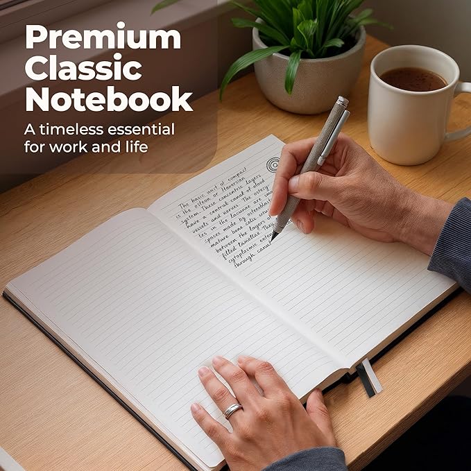 Classic Lined Journal Notebook 8.5x11" A4 Hardcover Leather - Black - 200 Pages College Ruled Large with Sticky Tabs, Pockets, and Pen Loop for Writing and Journaling - Big Hardback Men and Women