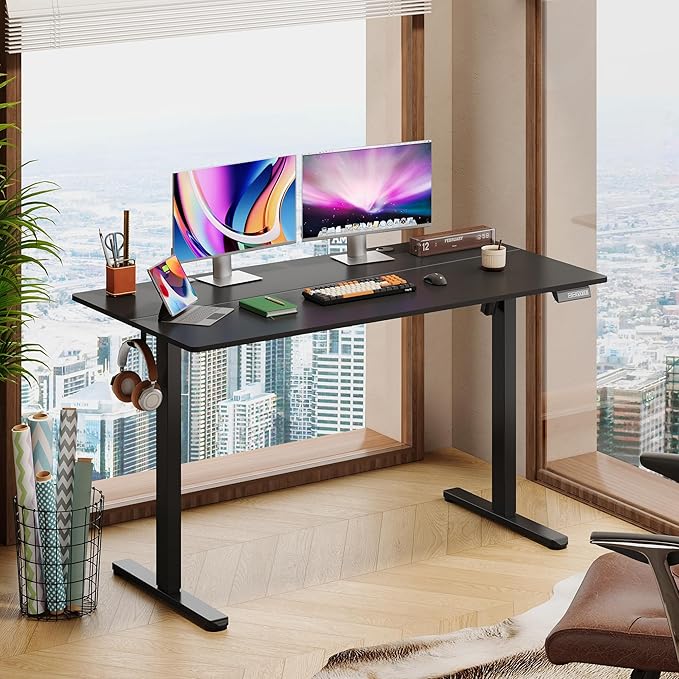 DEVAISE 55 Inch Electric Standing Desk, 3 Adjustable Height Stand up Desk for Home Office, Ergonomic Sit to Stand Desk with LED Touchscreen, Headphone Hook, 3 Memory Preset Computer Desk (Black)