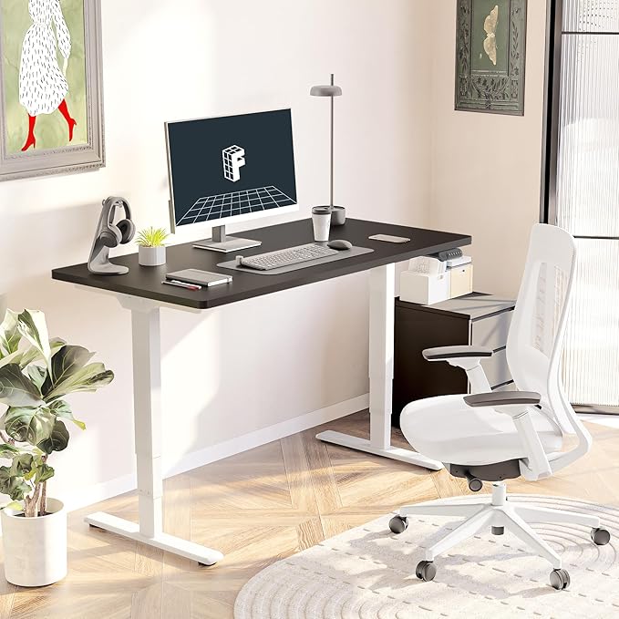 FLEXISPOT E6 Essential 3 Stages Dual Motor Electric Standing Desk 55x28 Inch Whole-Piece Board Height Adjustable Electric Sit Stand Desk(White Frame + Black Desktop, 2 Packages)
