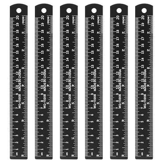 HARFINGTON 6pcs Metal Straight Ruler 20cm Metric SAE Aluminum Alloy Measuring Rulers Scale Tool with Hole for Measure Study Reading Classroom Office, Black