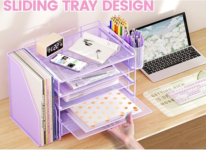Desk Organizers and Accessories, 5-Tier Paper File Organizer with Drawer & Pen Holder, Office Desk Accessories Workspace Desktop Organizer for Office Supplies((Purple)