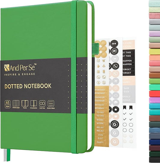 &And Per Se Dotted Journal Notebook, A5 Hardcover Bullet Dotted Journal, 160 Pages 100 gsm Thick Dotted Paper, 3 Sheets of Stickers Included - 5.7'' x 8''（Emerald）