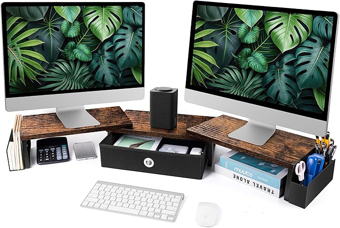 Dual Monitor Stand Riser With Drawer, Office Desk Organizers And Accessories, Computer Monitor Riser For 2 Monitors For Desk, Monitor Shelf With Adjustable Length & Angle