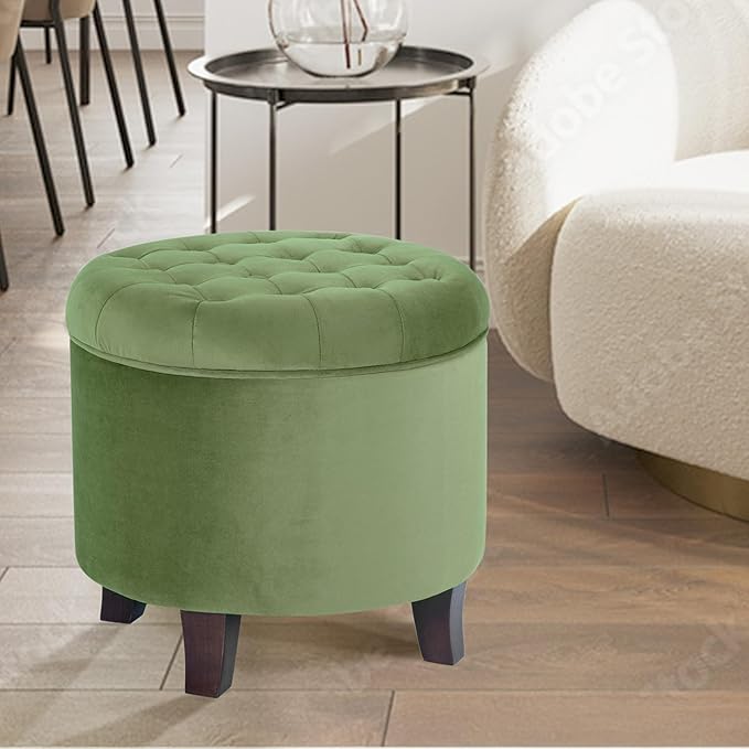HomePop by Kinfine Fabric Upholstered Round Storage Ottoman - Velvet Button Tufted Ottoman with Removable Lid, Dark Green Small