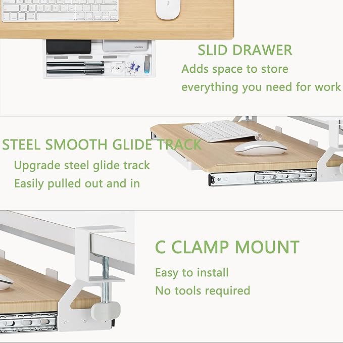 ETHU Keyboard Tray Under Desk, 19.7" X 12.2" Small Size C Clamp Keyboard Drawer Under Desk, Computer Keyboard Stand Slide Pull Out, Ergonomic Keyboard Tray for Home, Office (Oak)