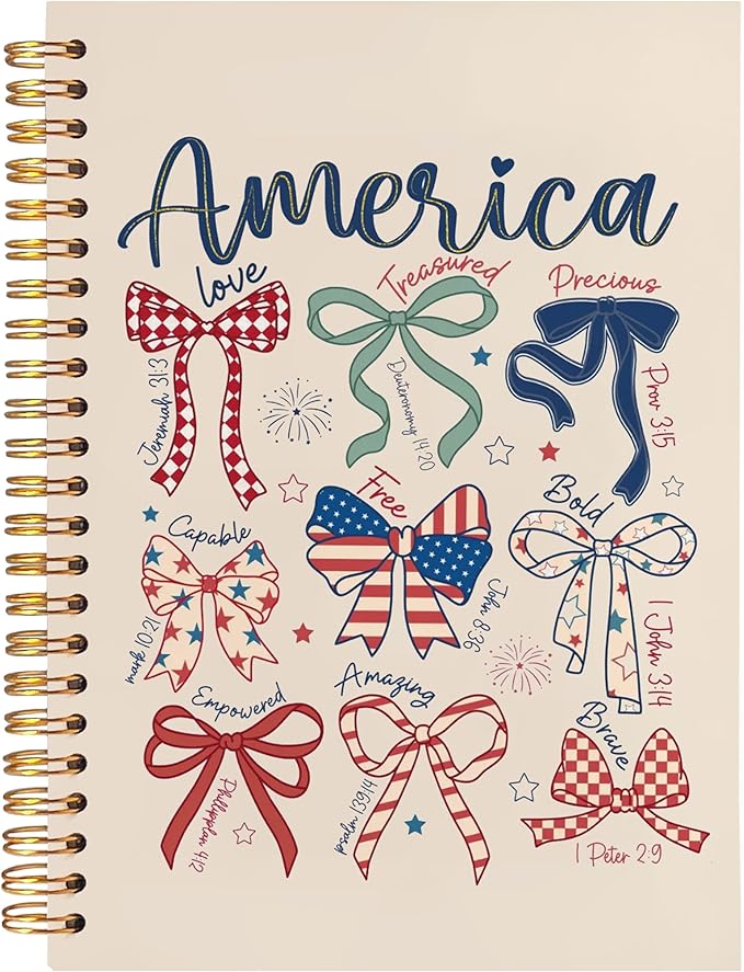 BearCake America Patriotic Christian Notebook Journal, Retro Coquette Red White Blue Bow Prayer Journal for Women, 4th of July Bow Religious Hardcover Spiral Notebook 5.5x8.3