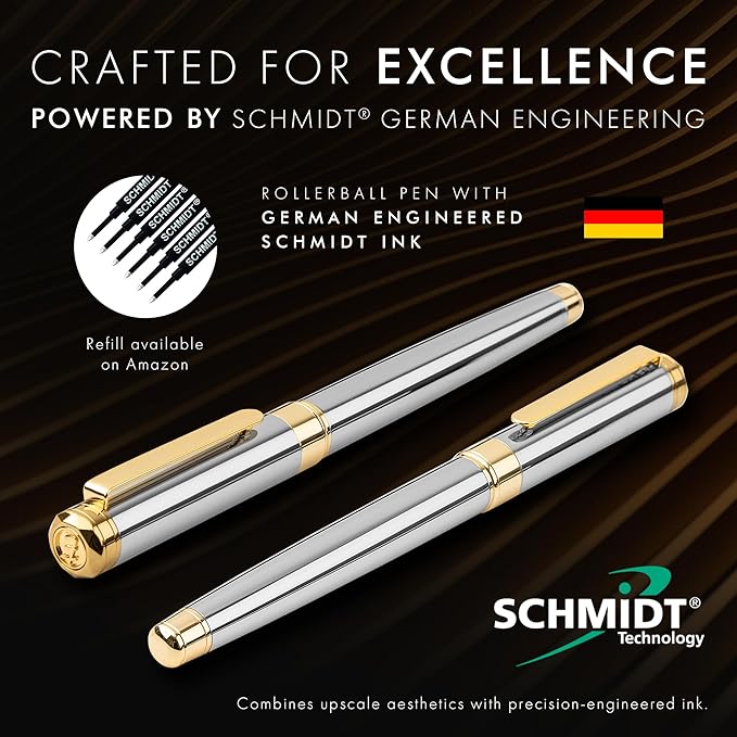 ELIZO Luxury Pen Fancy Real 24K Gold Plated Trim Chrome Silver Nice Pen Gift Rollerball Cool Best Pens Schmidt Ink EDC Pen Executive Smooth Writing Pens for Men Women