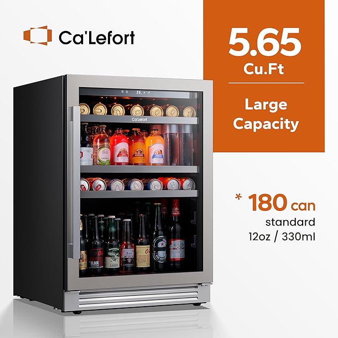 Ca'Lefort 24 Inch Beverage Refrigerator, 180 Can 34°F -54°F Beverage Fridges, Drink Fridge with Glass Door 3 LED Beverage Coolers Built in or Freestanding, Perfect for Home/Kitchen(5.65 cu.ft)