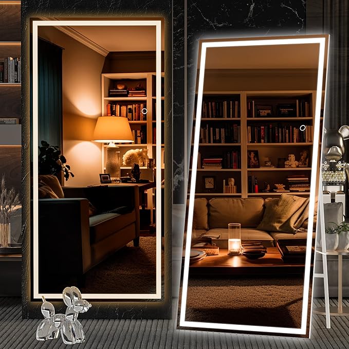 Hasipu Full Length Mirror with Lights, 71" x 32" LED Lighted Floor Standing, Full Body Dressing Hanging Mounted Mirror, Dimmable, Tempered Glass, Safe to Use, Square White