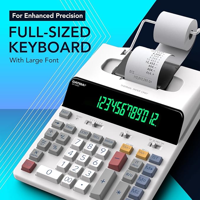 CATIGA 12 Digit Thermal Printing Calculator with Tape Print Out, Ink-Free Adding Machine, 3X Faster Quite at 8.0 LPS, Extra Large Fluorescent Display, Tax Calculation with Clock and Calendar, SP-2401