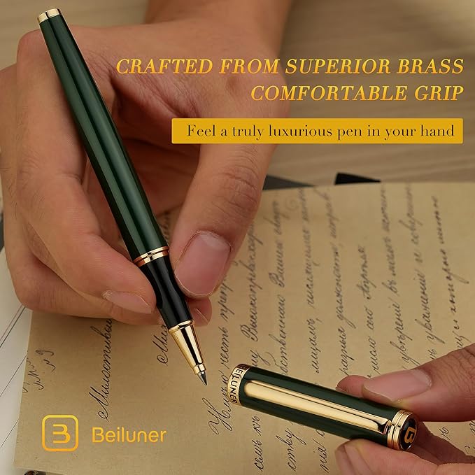BEILUNER Luxury Rollerball Pen, Stunning Green Lacquer with 24K Gold Trim,Noble and Elegant Designs,Schneider Ink Refill, Best Gift Set for Men & Women, Refillable, Executive Writing, Nice Pens