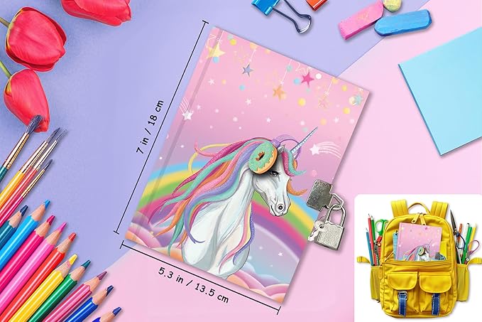 GINMLYDA Girls Diary with Lock for Kids, 7x5.25 Inches 160 Lined Pages Secret Unicorn Notebook for Girls Journal with Lock for Kids Pre School Writing Drawing Cute Girls Gifts for Birthday