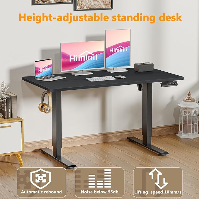 Himimi Electric Standing Desk 55 x 24 inch for Home Office,Sit-Stand Adjustable Desk with Memory Presets,Height Adjustable Desk for Gaming/Working,Free Hook, Lockable Wheels,Mouse Pad,Black