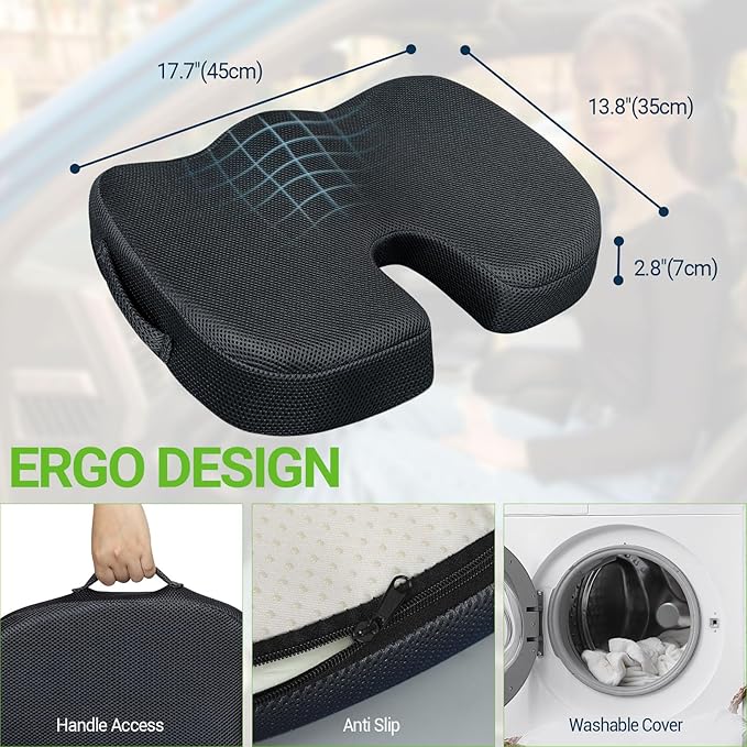 Gel Seat Cushion for Car Office - Memory Foam Pain Relief Chair Pillow Cushions - Tailbone Sciatica Coccyx Butt Lumbar Support Pad for Sitting Driving Traveling, Mesh, Black