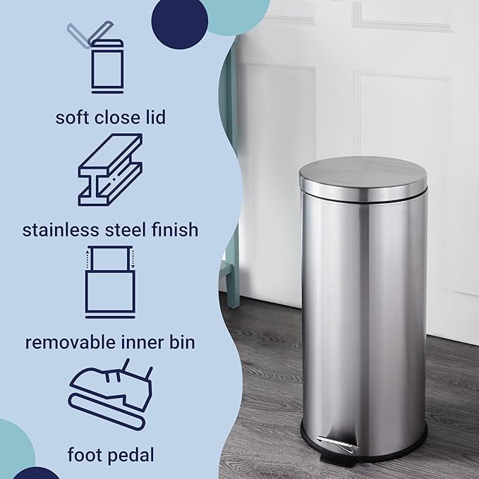 happimess HPM1000A Oscar 8-Gallon Step-Open Trash Can with Free Mini Trash Can, Modern, Fingerprint Proof for Home, Kitchen, Office, Large:7.9 Gallon Small:1.3 Gallon, Stainless Steel