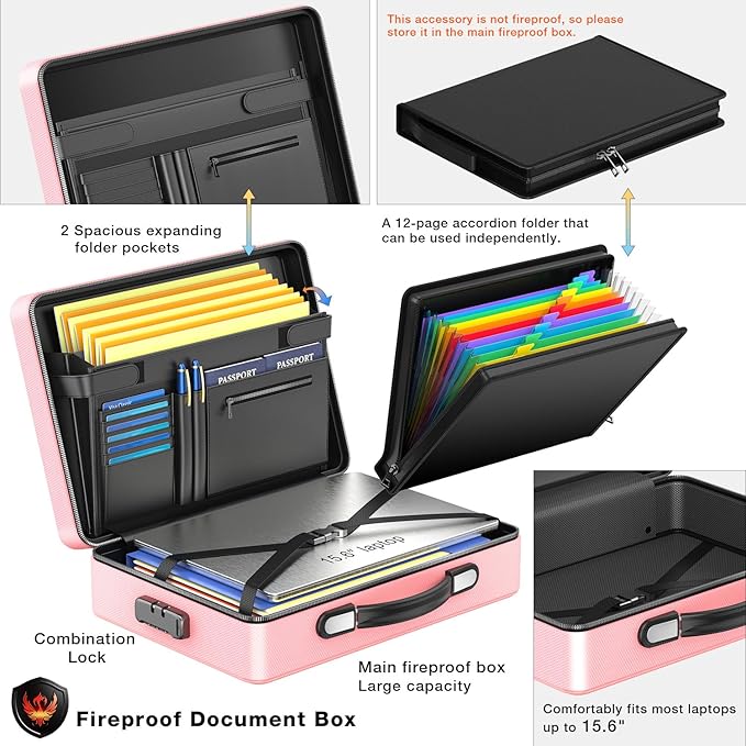 Fireproof Document Box with Fireproof Zipper, Hard Inner Shell Fireproof Document Bag with Lock, Fireproof Water Resistant Important Document Organizer 16 inch Laptop File Briefcase (Pink)
