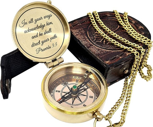 Brass Compass Engraved with Religious Scripture Verse - Ideal Gift for Son, Grandson, Daughter - Perfect for Baptism, Communion, Church and Graduation Day Present