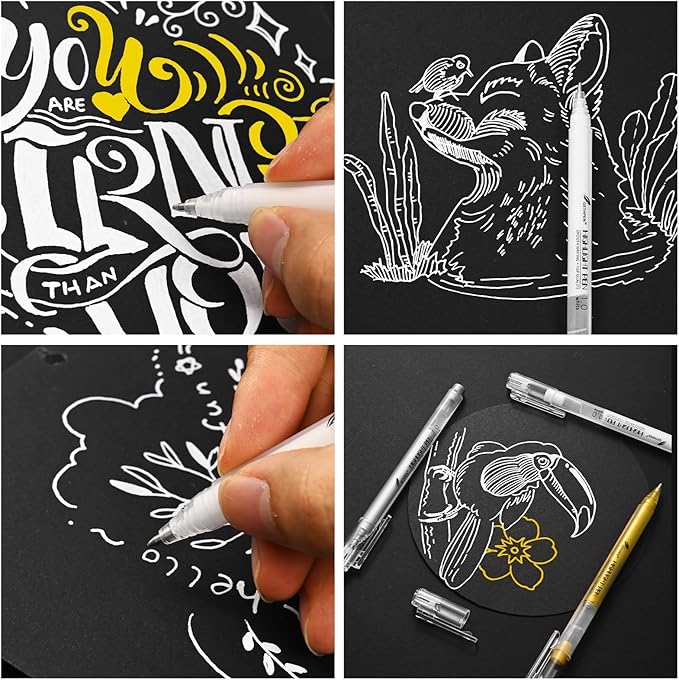 Gold Gel Pens, 1.0 mm Extra Fine Point Gel Ink Pens, Opaque Gold Archival Ink Pens for Black Paper Drawing, Sketching, Card Making, White Gel Pen for Artists Drawing, 3 Pack