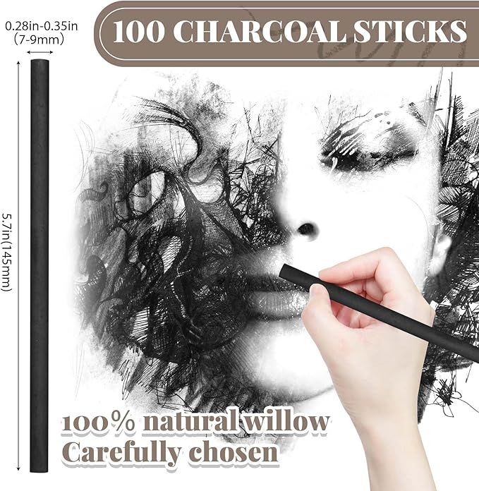 Gueevin 100 Pcs Willow Charcoal Sticks, Willow Charcoal, Artists, Beginners, Students, Perfect for Sketching, Drawing, Shading, and Fine Art (7-9mm)