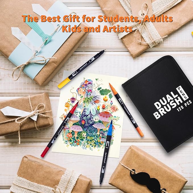 Dual Markers Brush Pens, 120 Coloring Pens for Adults – Premium Art Supplies for Kids & Adults, Perfect for Coloring Books, Hand Lettering, Calligraphy, and Drawing