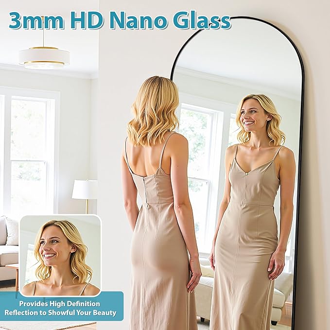 Full Length Mirror, 71"x32" Oversized Floor Mirror Freestanding, Full Body Mirror Floor Standing Mirrors with Stand, Hanging Mounted Mirrors for Bedroom Living Room, Black, Arched Style