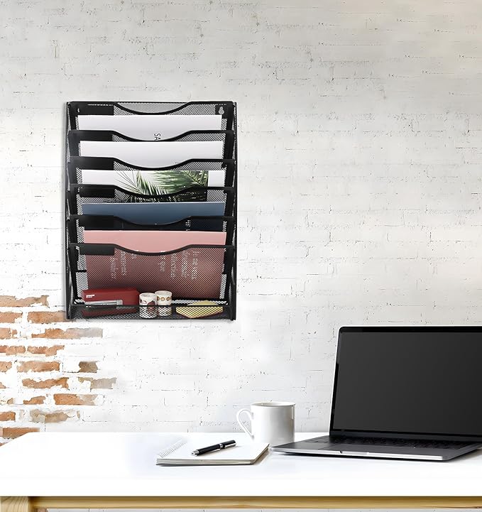 EasyPAG 7 Tier Wall File Holder with Flat Tray, Black | Easy Assemble Mesh Desk File Organizer | 6-Folder Paper Storage | Replaceable Classify Labels | Space Saving Mail Organizer for Office Home