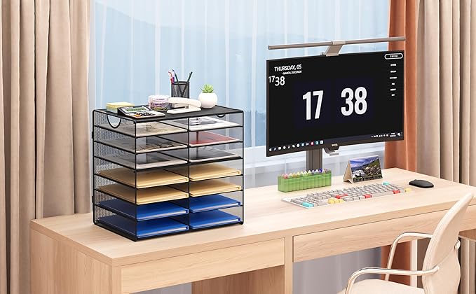 EasyPAG 14-Slot Mesh Desk File Organizer with Handle, Metal Frame Paper Tray for Classroom/Office/Home - Easy Assembly, Durable Tiered Sorter & A4/Letter Size, Black