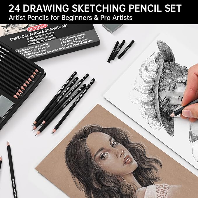 Drawing Sketching Pencil Set, 24 Piece Pro Artist Sketch Kit - Graphite Pencils (12B-4H),Charcoal Pencils for Drawing,Black and White Charcoal Pencils,Charcoal Sticks,Stumps,Eraser,Sharpeners