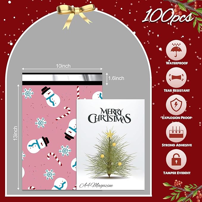 Christmas Poly Mailer 10x13 Inch 100 Pcs, Waterproof Shipping Bags for Clothing, Tear-Resistant Mailier, Strong Mailing With Self-Seal - Snowmen Printed