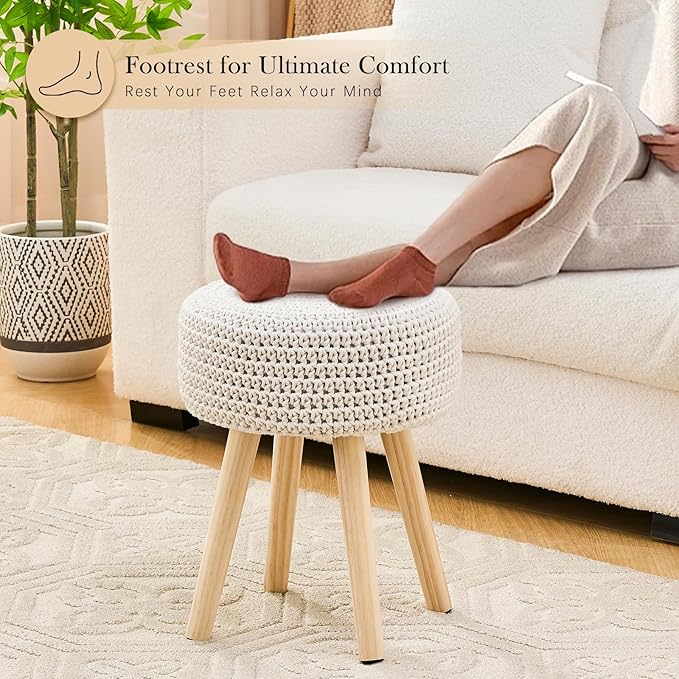 Cotton Knitted Ottoman Round Footstool Vanity Stool Modern Stool Ottoman Footrest Stool with Non-Skid Wood Legs for Living Room Bedroom White
