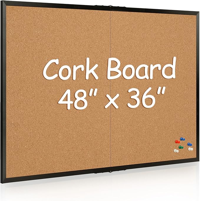 Board2by Cork Board Bulletin Board 36 x 48, Black Wood Framed 4x3 Corkboard, Foldable Office Board for Wall Decor, Large Wall Mounted Notice Pin Board with 36 Push Pins for School, Home & Office