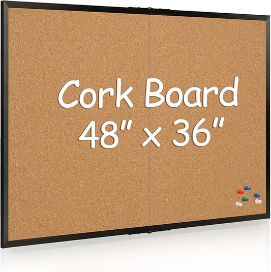 Board2by Cork Board Bulletin Board 36 x 48, Black Wood Framed 4x3 Corkboard, Foldable Office Board for Wall Decor, Large Wall Mounted Notice Pin Board with 36 Push Pins for School, Home & Office