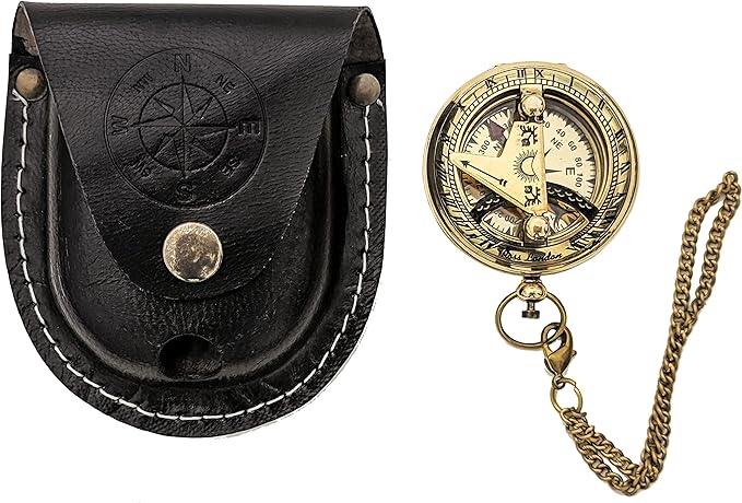Brass Sundial Compass with Leather Case and Chain - Push Open Compass - Steampunk Accessory - Pocket Sundial Compass - Beautiful Handmade Gift -Sundial Clock, Gold, 2 Inch