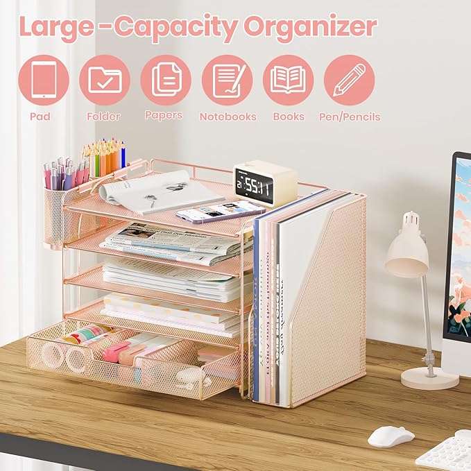 Desk Organizers and Accessories, 5-Tier Paper File Organizer with Drawer & Pen Holder, Office Desk Accessories Workspace Desktop Organizer for Office Supplies (Rose Gold)