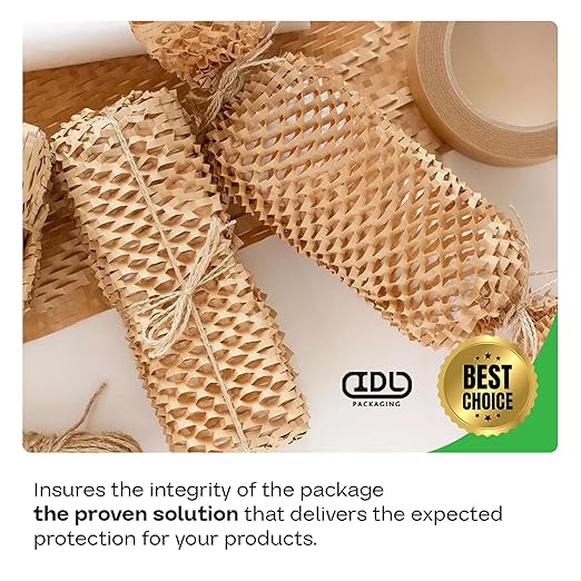 IDL Packaging Original HexcelWrap Honeycomb Packing Kraft Paper 15.25" x 300' Roll in Self-Dispensed Box, White - The First Patented Interlocking Slit Paper Design for Shipping