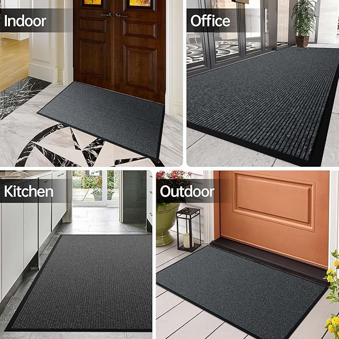 Front Door Mat, 3' x 5' Heavy Duty Indoor Outdoor Welcome Mat for Entryway, Commercial Floor Entrance, Low Profile, Non-Slip, Durable Rubber Backing for Entry, Patio, Home