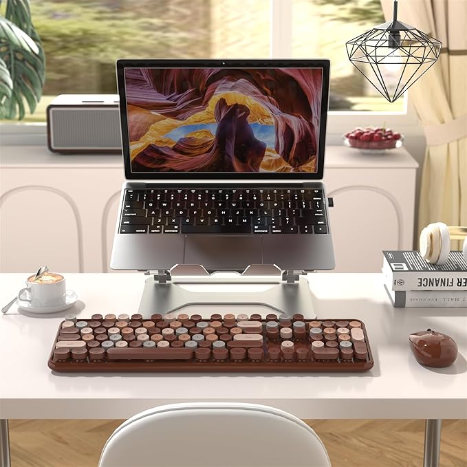 Colorful Wireless Computer Keyboard and Mouse Combo with Round Typewriter Keycaps, Retro Design, Power Switch, Ergonomic Design, 2.4GHz Wireless for Windows, Mac, PC(Coffee-Colorful)